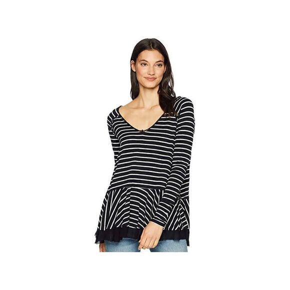 We the free striped black oversized long sleeve swing laced hem top S - Picture 9 of 9